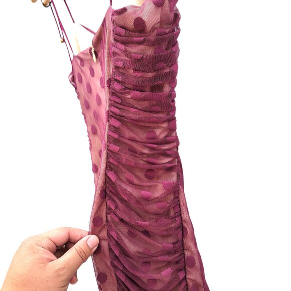 Vtg Y2K romantic Milkmaid Feminine Polkadot Mesh Ruched Ruffle Slip Dress medium - Picture 5 of 12